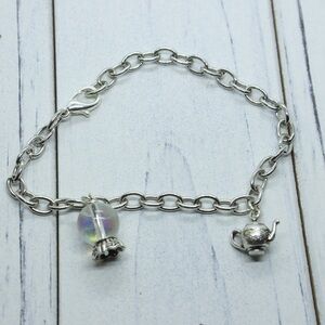Silver Charm Bracelet with Teapot and Crystal Ball Bead